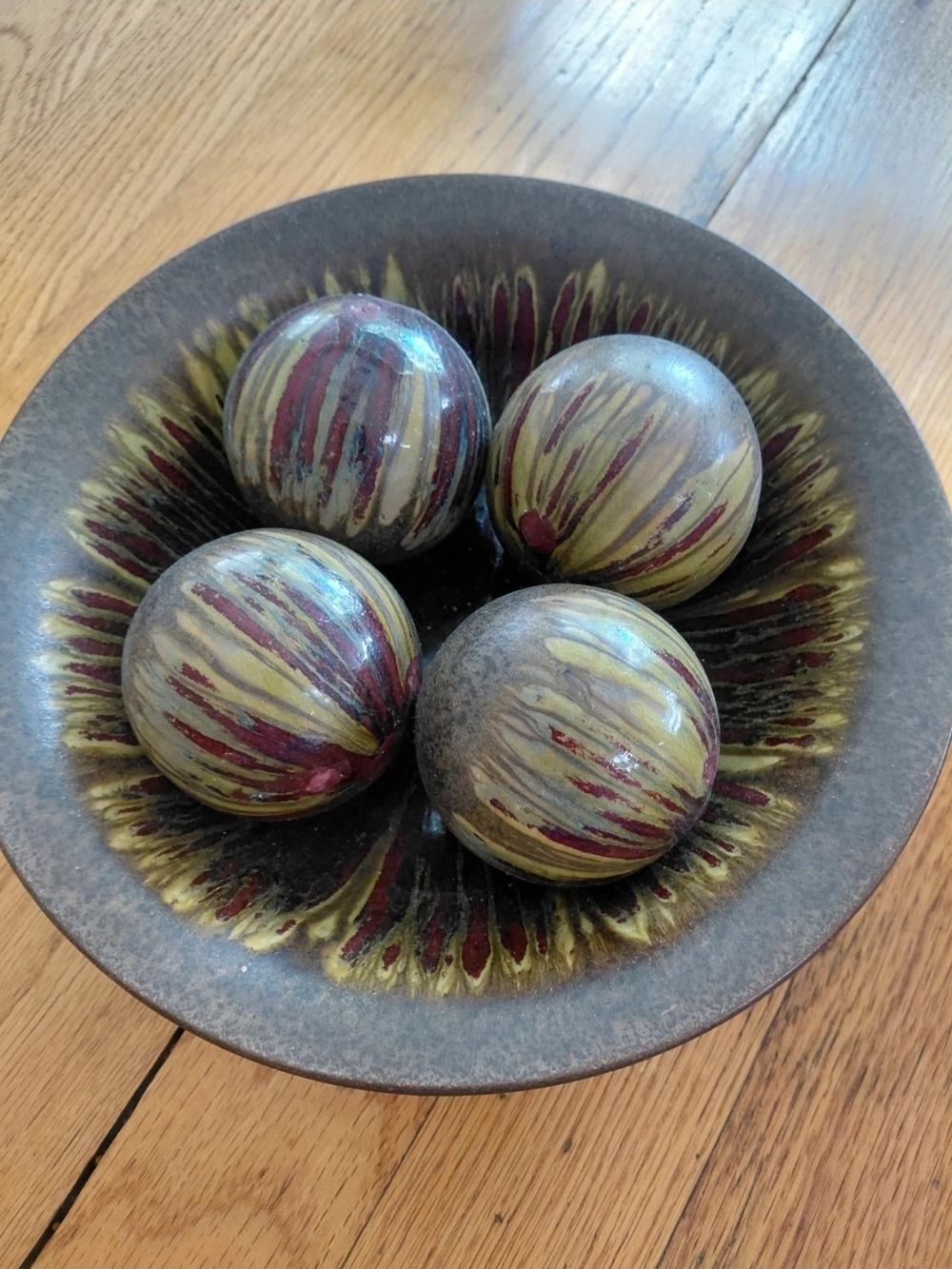 Decorative Ceramic Bowl with Green and Burgundy Marbled Spheres